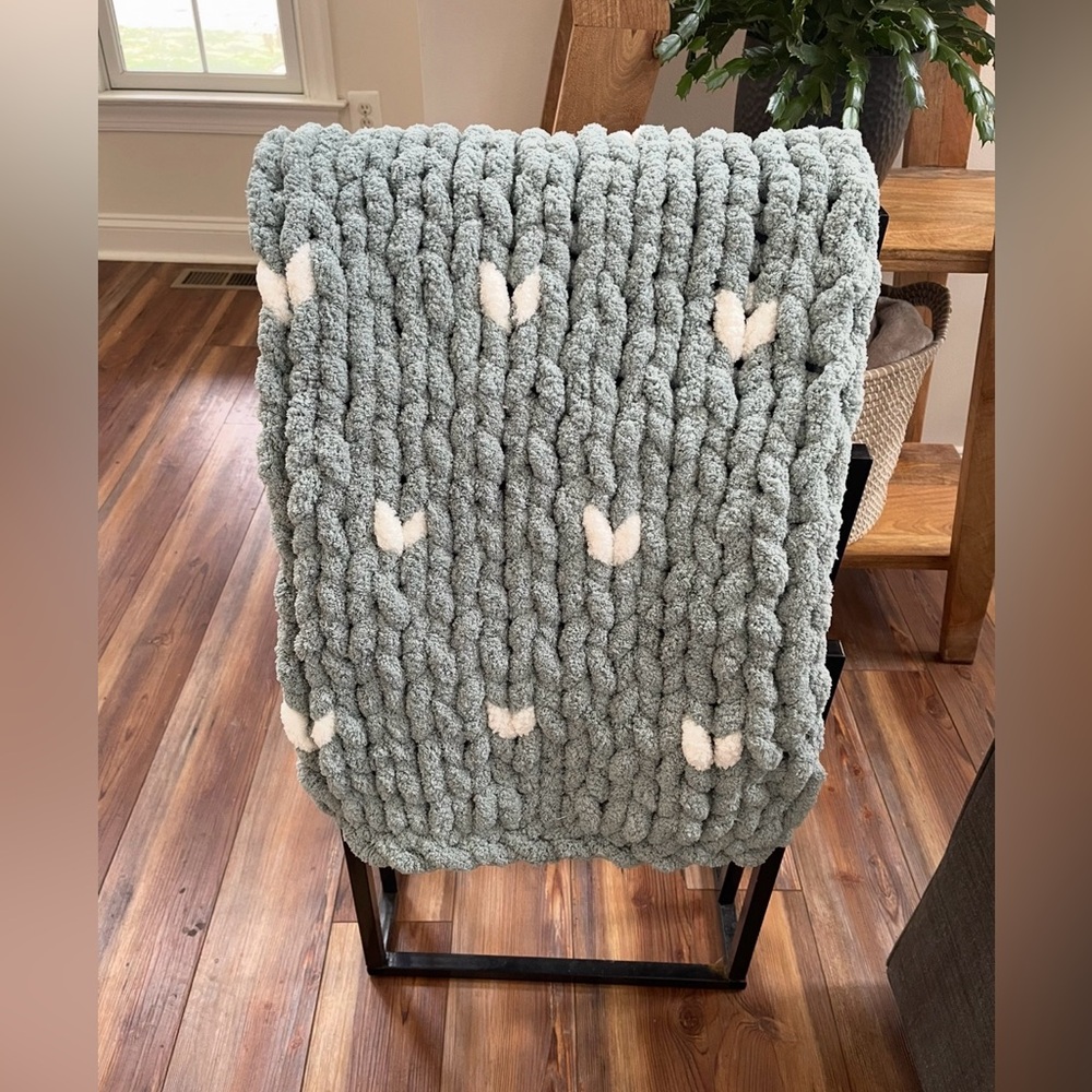 Chunky Knit Baby Blanket - Sage Green with White heart Accents